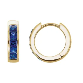 14k Yellow Gold Created Blue Sapphire Hinged Round Hoop Earrings, 14mm