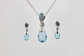 18 14k White Gold Necklace and Earrings Set with 0.09tcw Diamonds and 4.65tcw Blue Topaz (4.55g.)