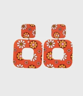 1960s Retro Orange & Mod Floral Square Earrings