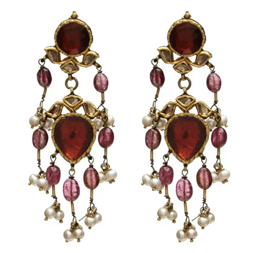 22k Gold Uncut Diamond and Tourmaline Mandan Earrings