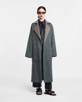 Alamo - Wool Silk Blend Robe Coat - Reversible Check