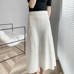 Autumn Winter Women Elastic High Waist Elegant A-Line Solid Knitted Skirts