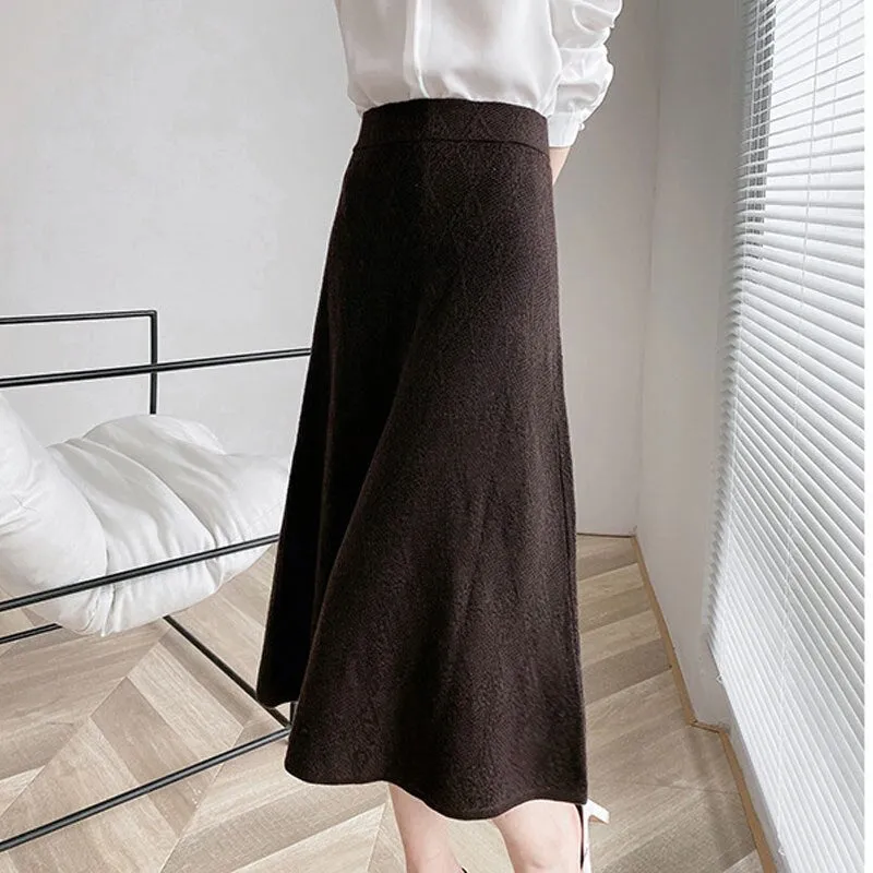 Autumn Winter Women Elastic High Waist Elegant A-Line Solid Knitted Skirts