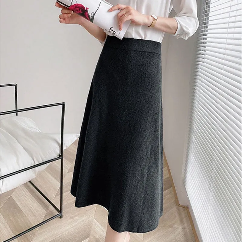 Autumn Winter Women Elastic High Waist Elegant A-Line Solid Knitted Skirts