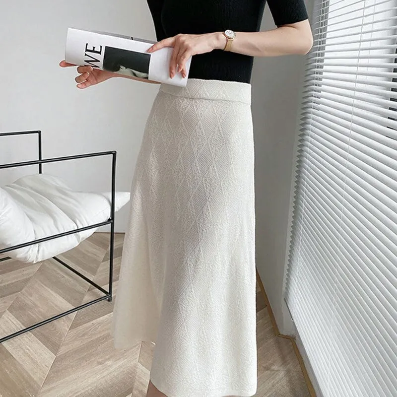 Autumn Winter Women Elastic High Waist Elegant A-Line Solid Knitted Skirts