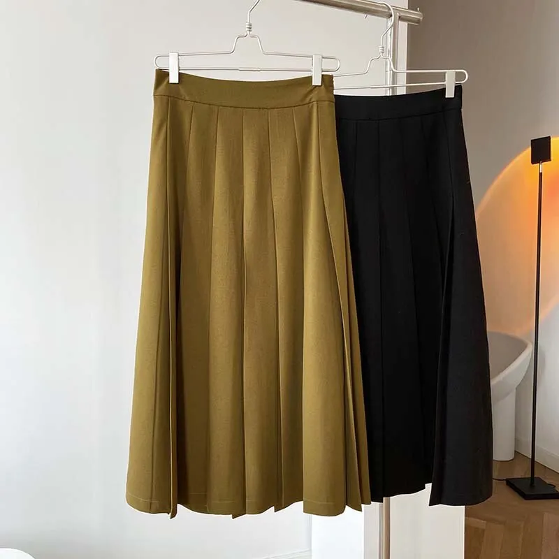 Autumn Women Vintage High Waist Elegant Pleated Solid A-Line Skirts Outwear