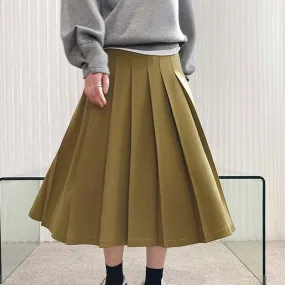 Autumn Women Vintage High Waist Elegant Pleated Solid A-Line Skirts Outwear