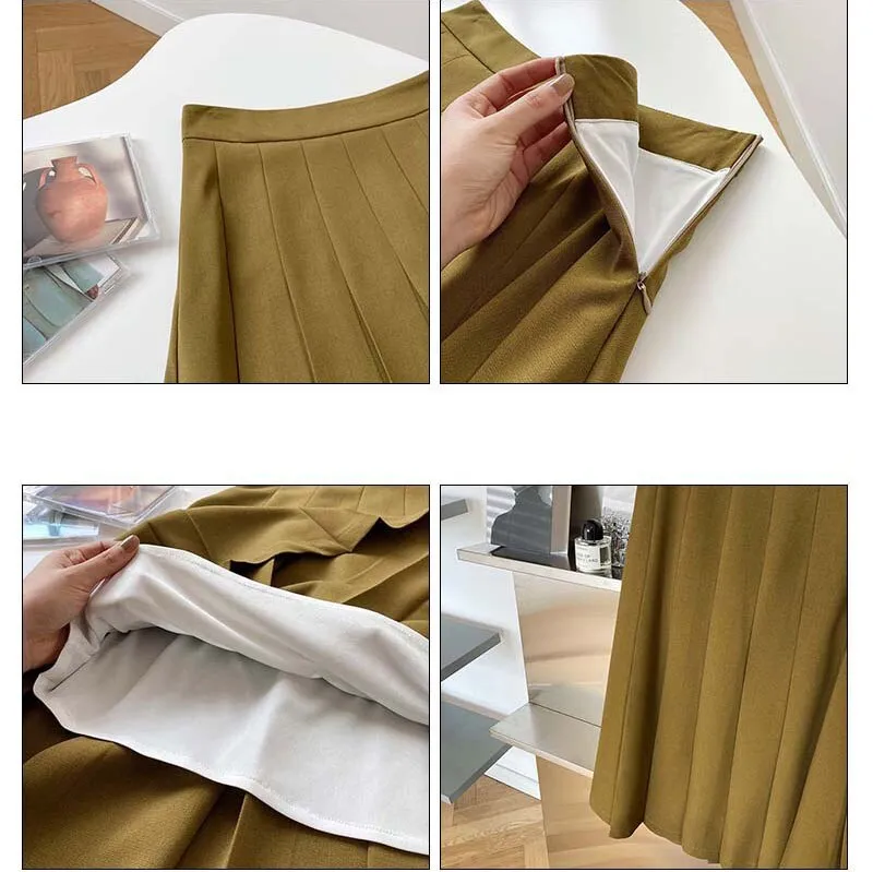 Autumn Women Vintage High Waist Elegant Pleated Solid A-Line Skirts Outwear