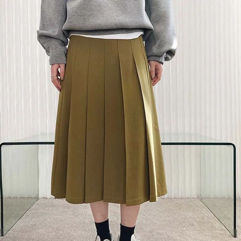 Autumn Women Vintage High Waist Elegant Pleated Solid A-Line Skirts Outwear