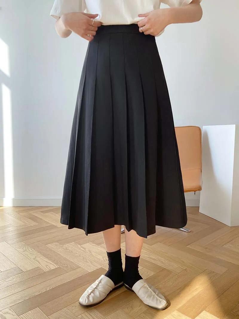 Autumn Women Vintage High Waist Elegant Pleated Solid A-Line Skirts Outwear