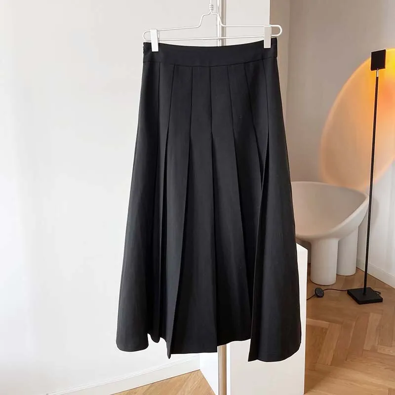 Autumn Women Vintage High Waist Elegant Pleated Solid A-Line Skirts Outwear