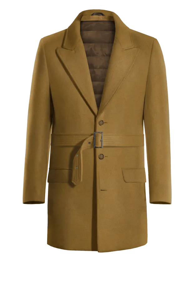 Camel Belted Peak Lapel Chesterfield Coat