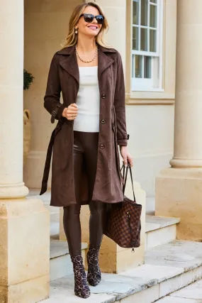 Chocolate Faux Suede Belted Trench Coat