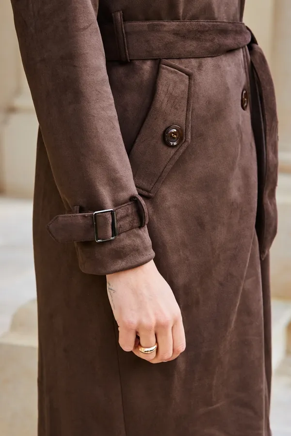 Chocolate Faux Suede Belted Trench Coat