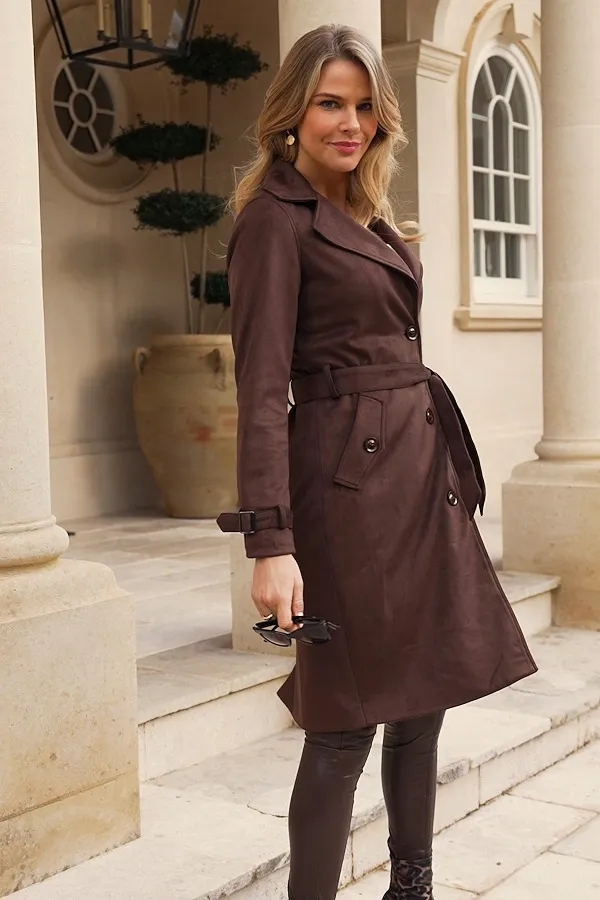 Chocolate Faux Suede Belted Trench Coat