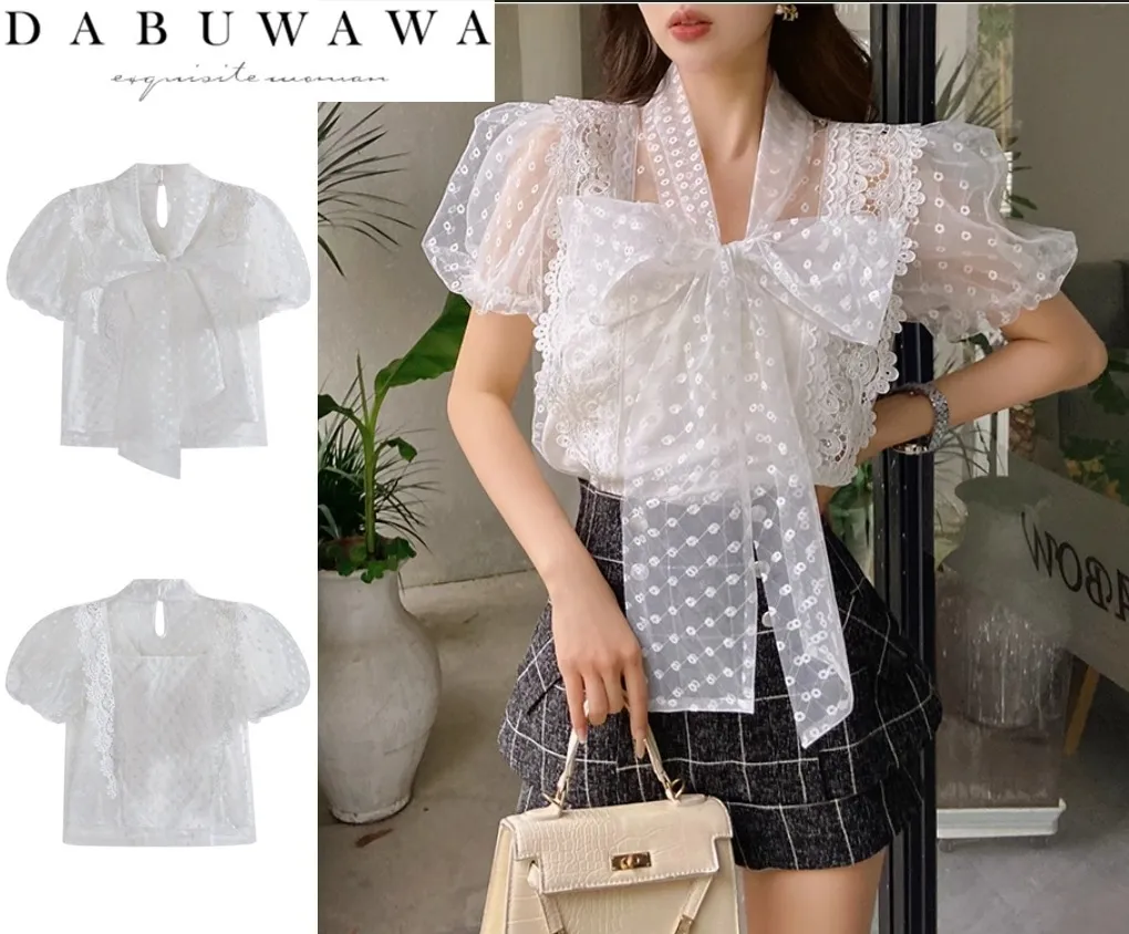 Dabuwawa  |Chiffon Plain Short Sleeves Lace Puff Sleeves