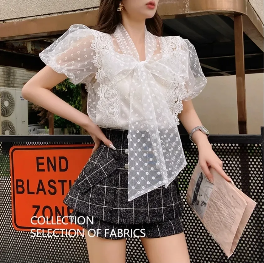 Dabuwawa  |Chiffon Plain Short Sleeves Lace Puff Sleeves