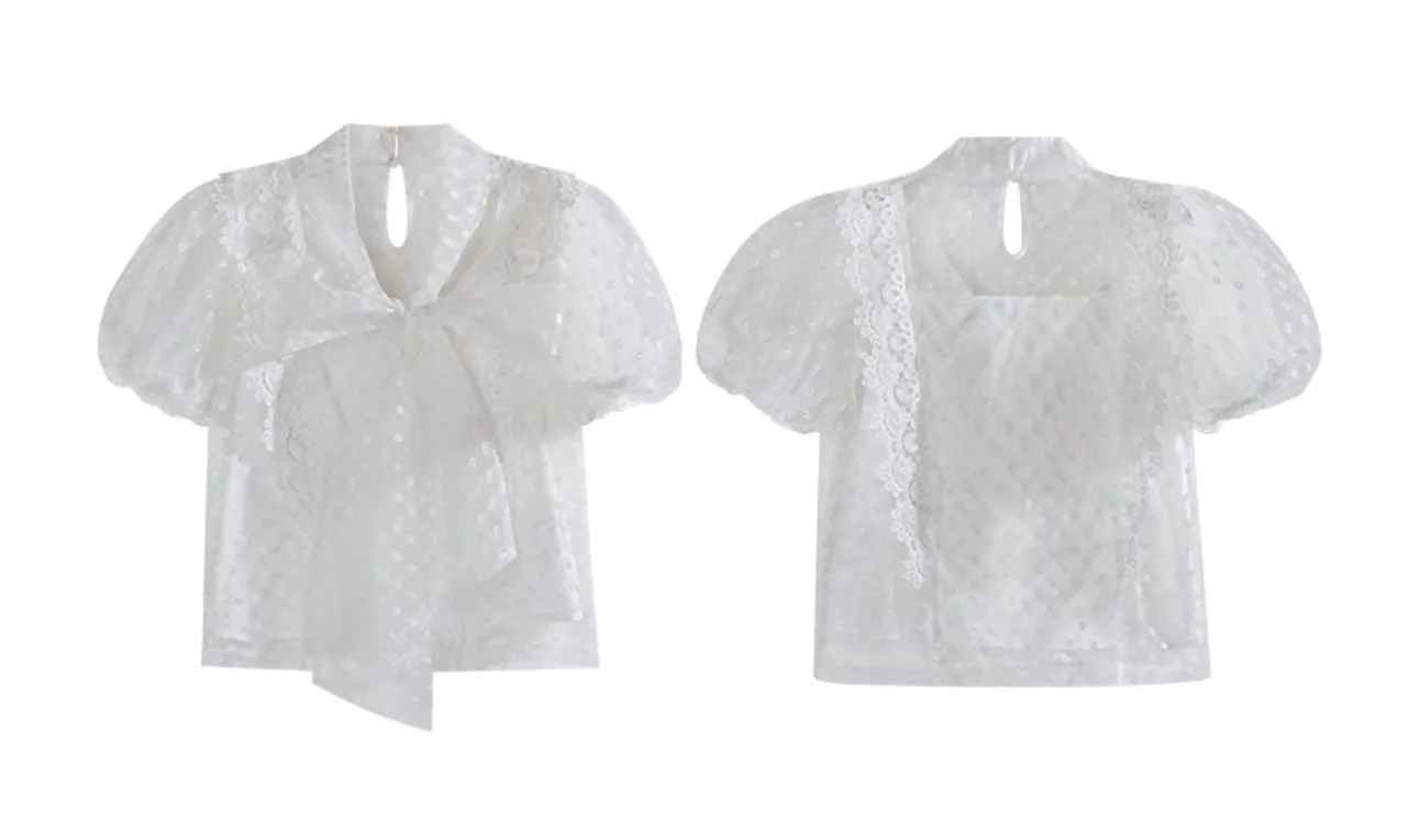 Dabuwawa  |Chiffon Plain Short Sleeves Lace Puff Sleeves