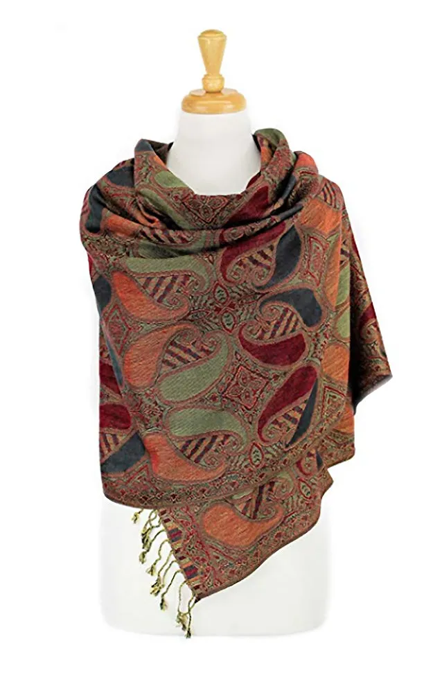 DBA18-22 Grey & Wine Paisley Print Pashmina Scarf