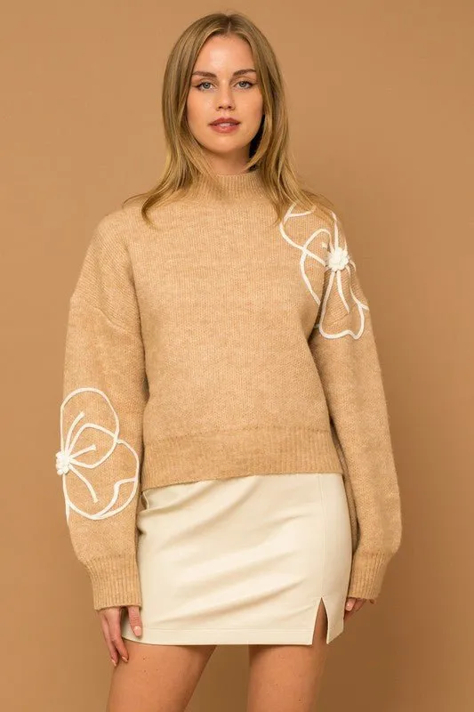 Flower Embroidery Mock Neck Sweater