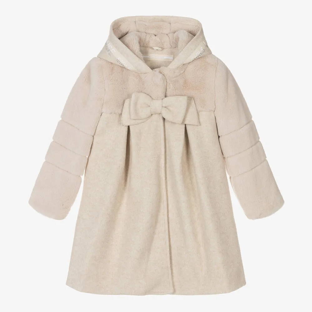 Girls Beige Faux Fur Trim Coat