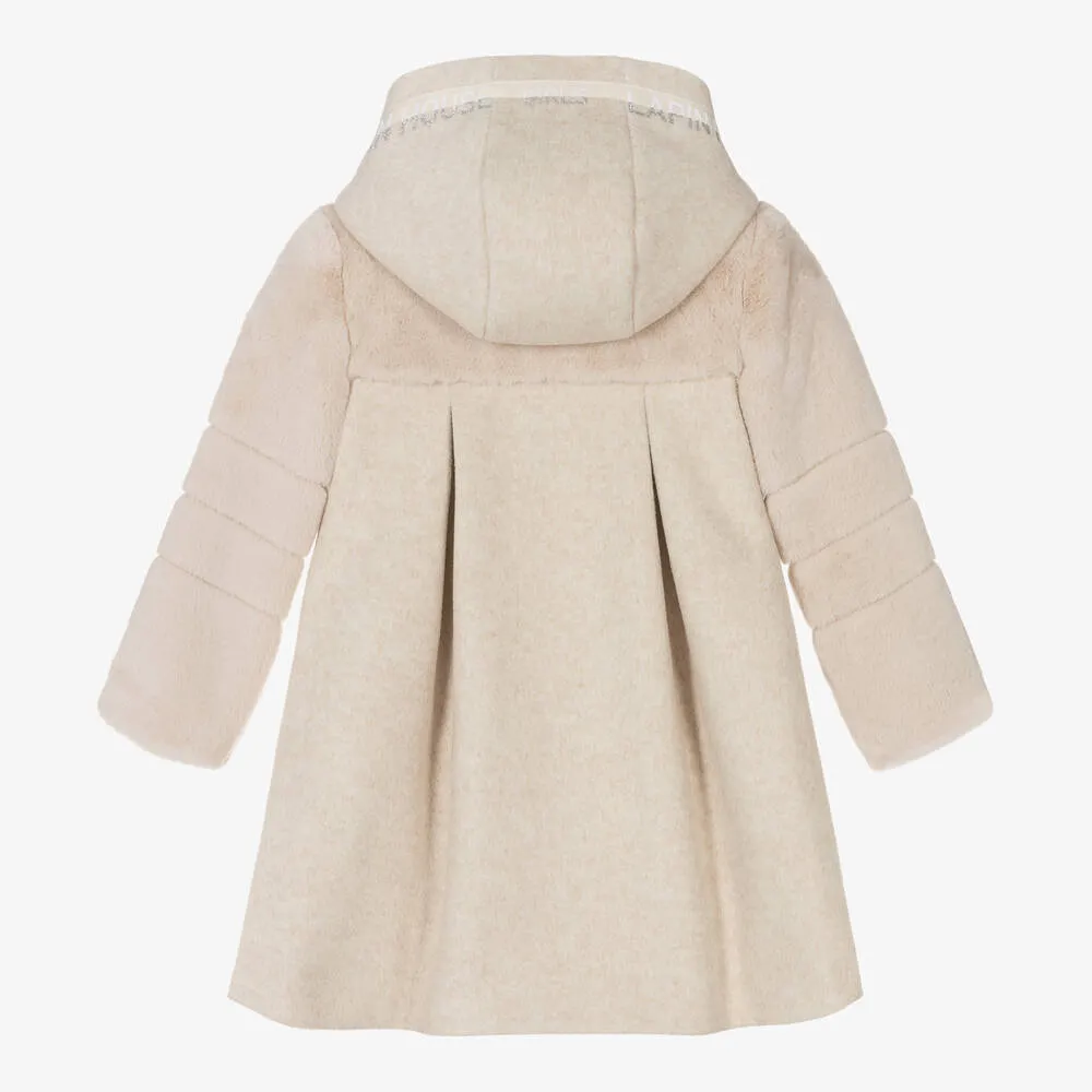 Girls Beige Faux Fur Trim Coat