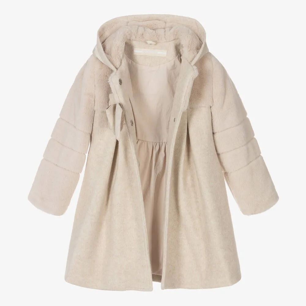 Girls Beige Faux Fur Trim Coat