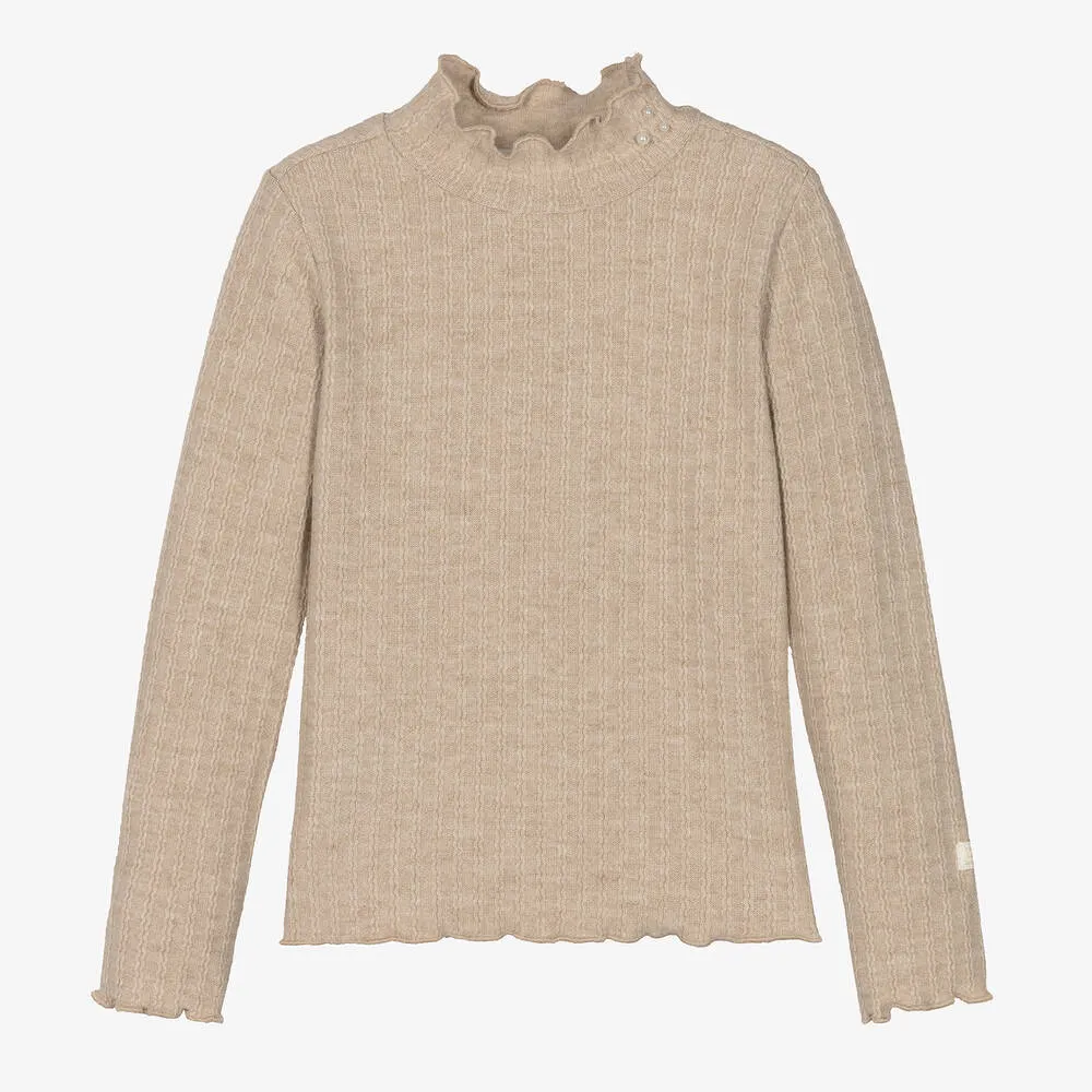 Girls Beige Ribbed Sweater