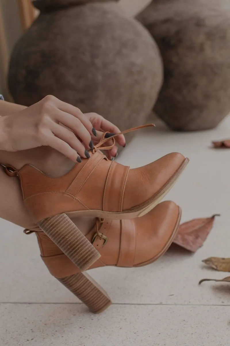 Josephine Lace up Leather Heels in Dark Tan