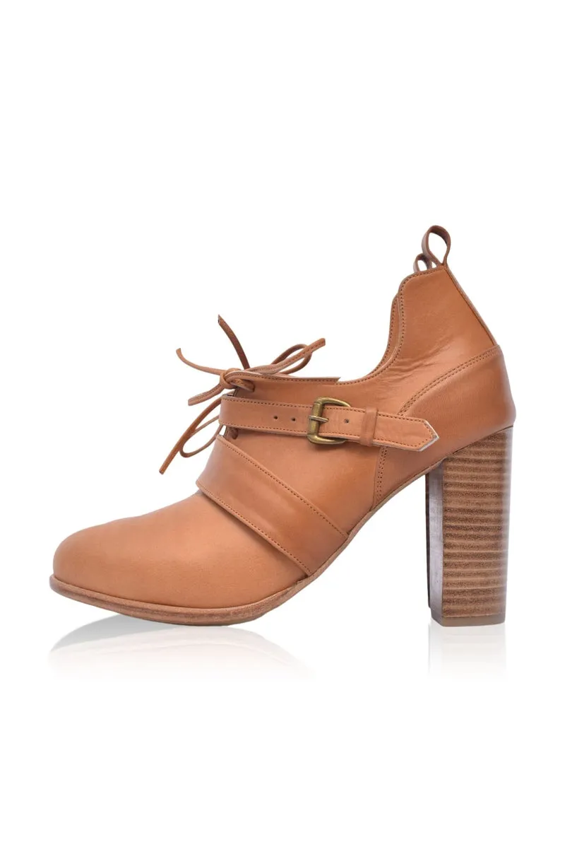 Josephine Lace up Leather Heels in Dark Tan