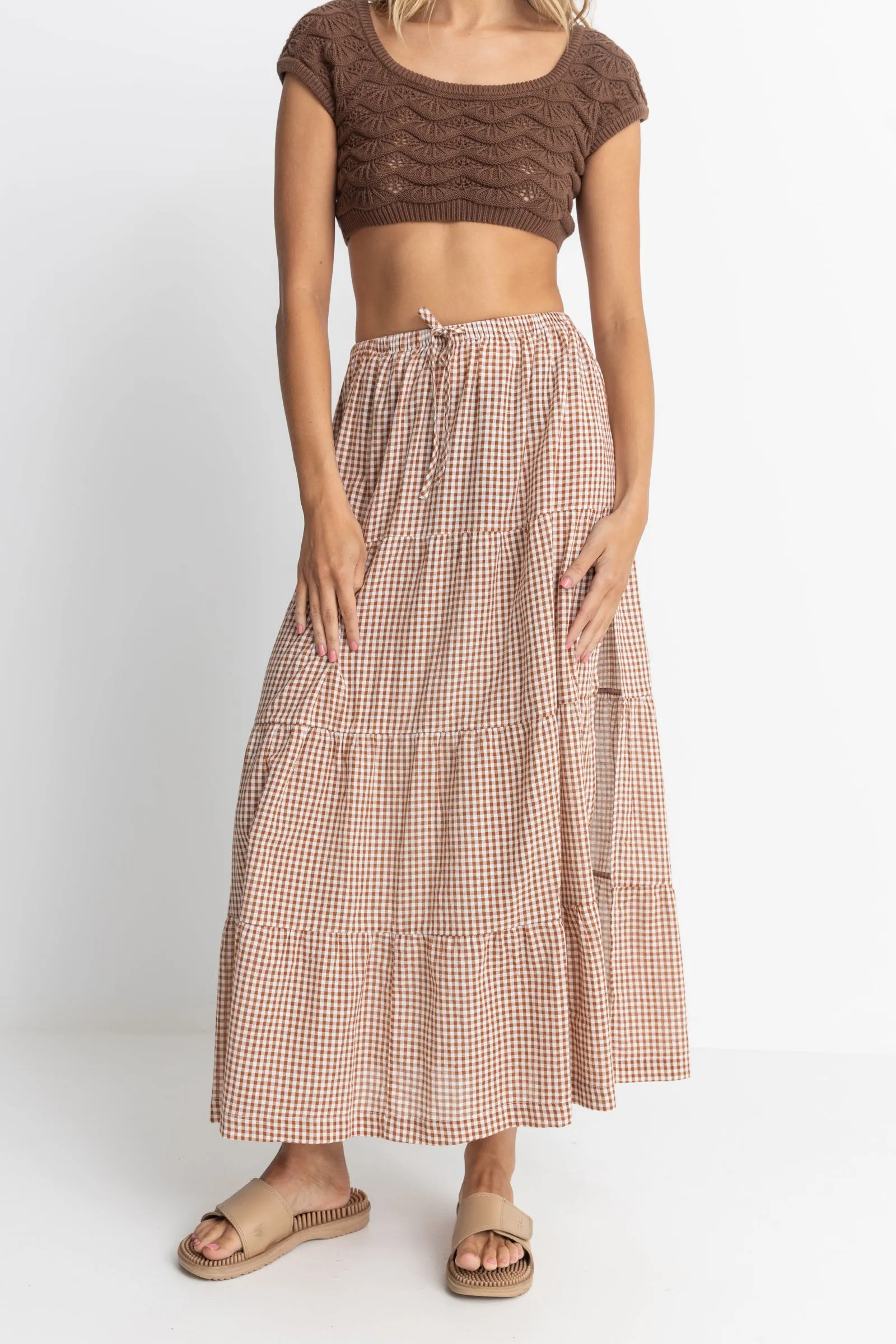 Lola Check Tiered Maxi Skirt Clay