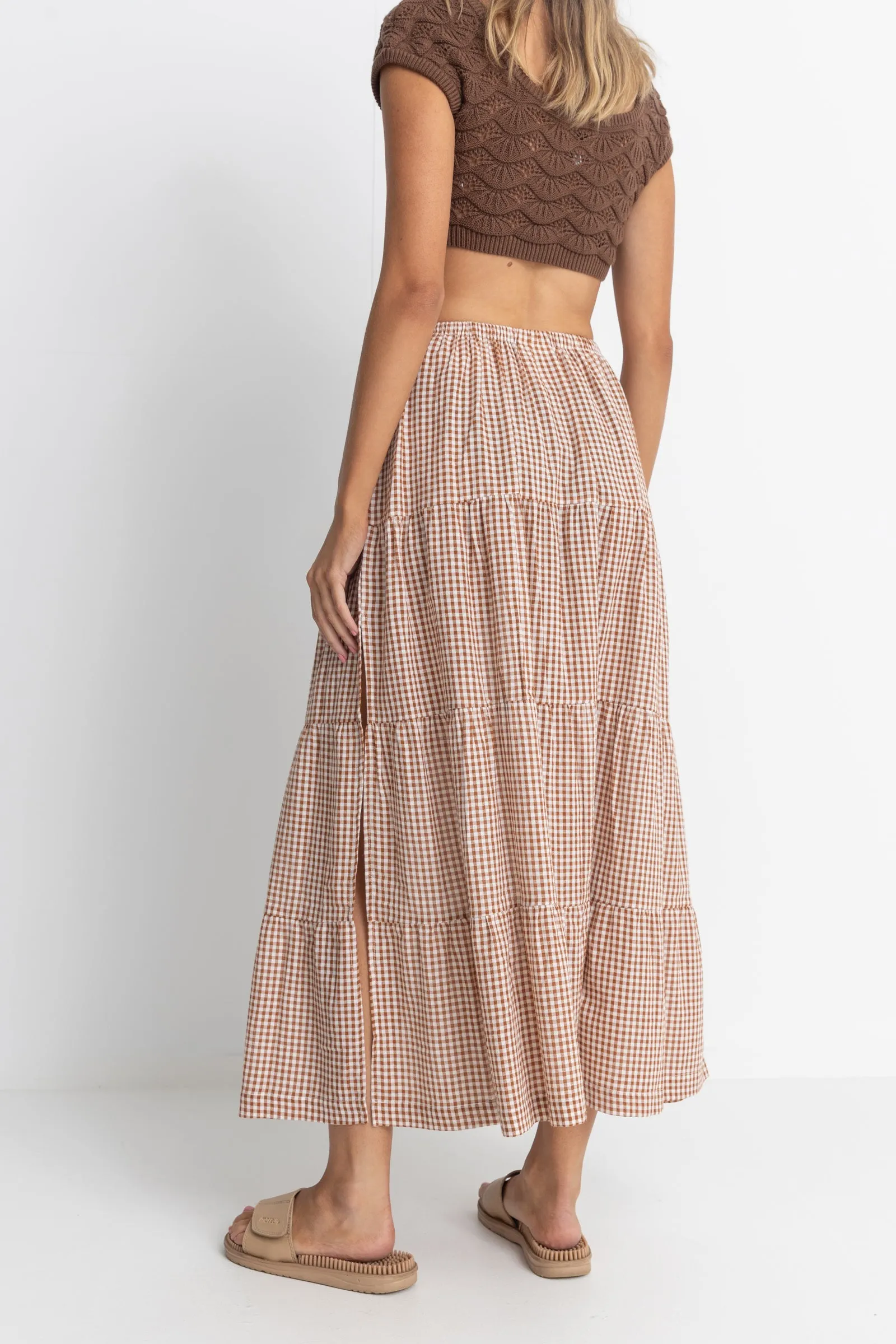 Lola Check Tiered Maxi Skirt Clay