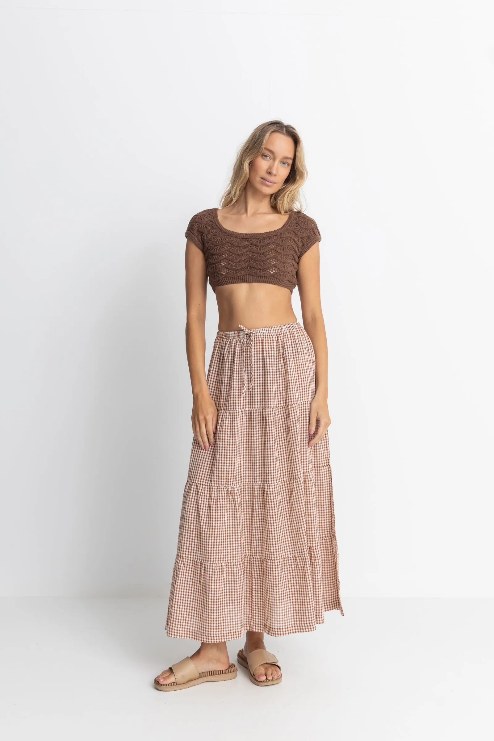 Lola Check Tiered Maxi Skirt Clay