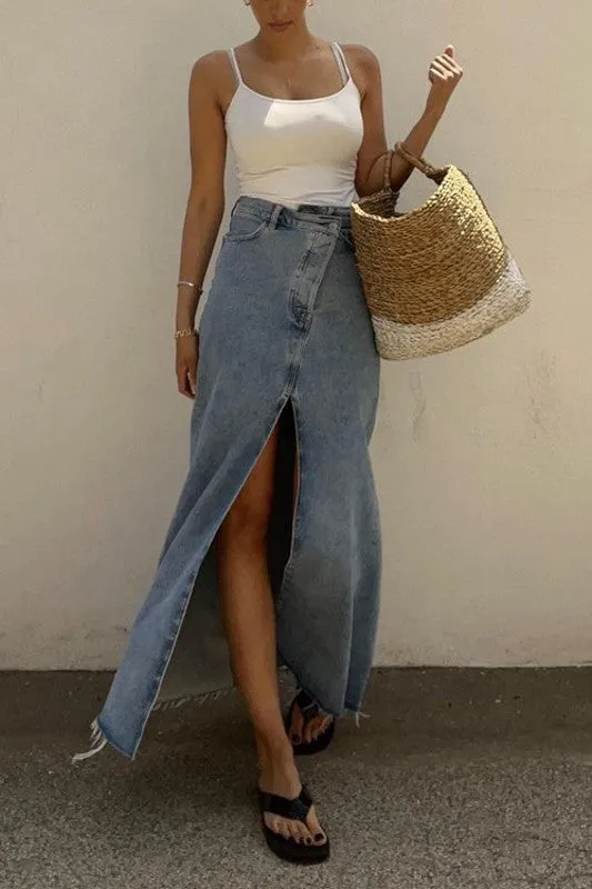 Long Maxi High Waisted Denim Skirt With Slit