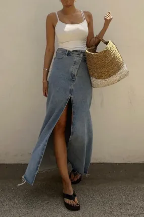 Long Maxi High Waisted Denim Skirt With Slit