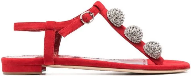 Manolo Blahnik crystal-embellished flat sandals Red