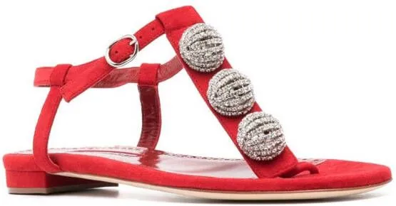 Manolo Blahnik crystal-embellished flat sandals Red