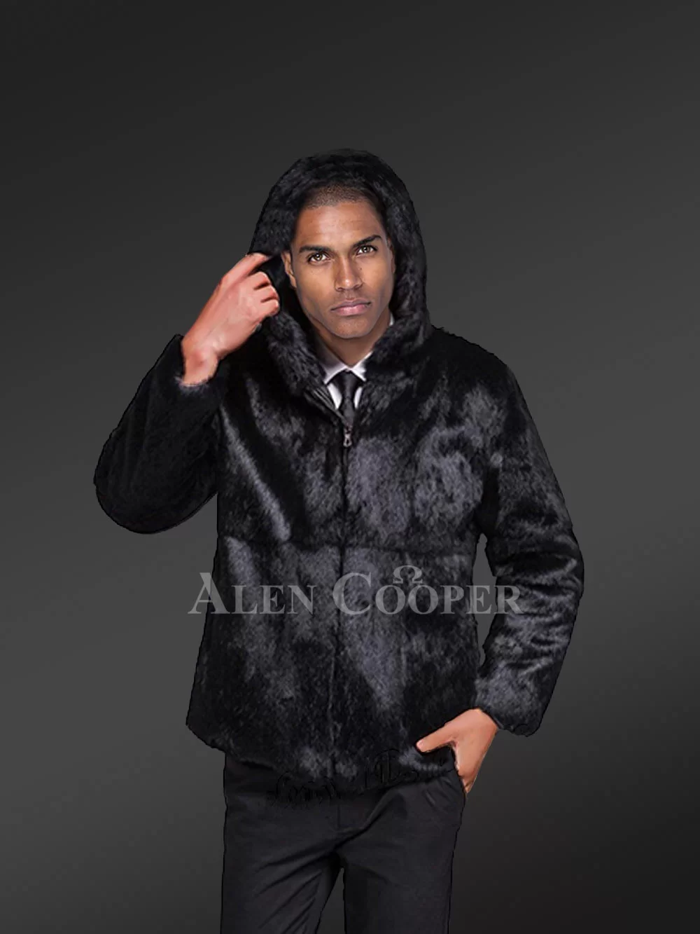 Rabbit Fur Coat in Black with Hood