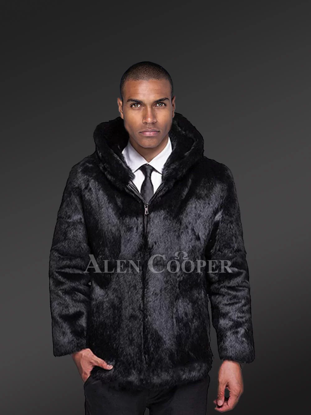 Rabbit Fur Coat in Black with Hood