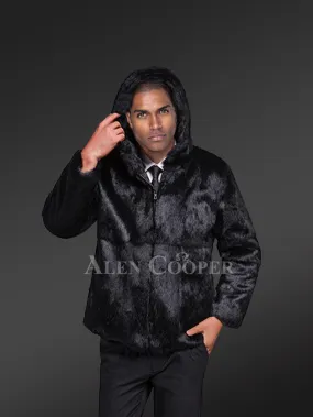 Rabbit Fur Coat in Black with Hood