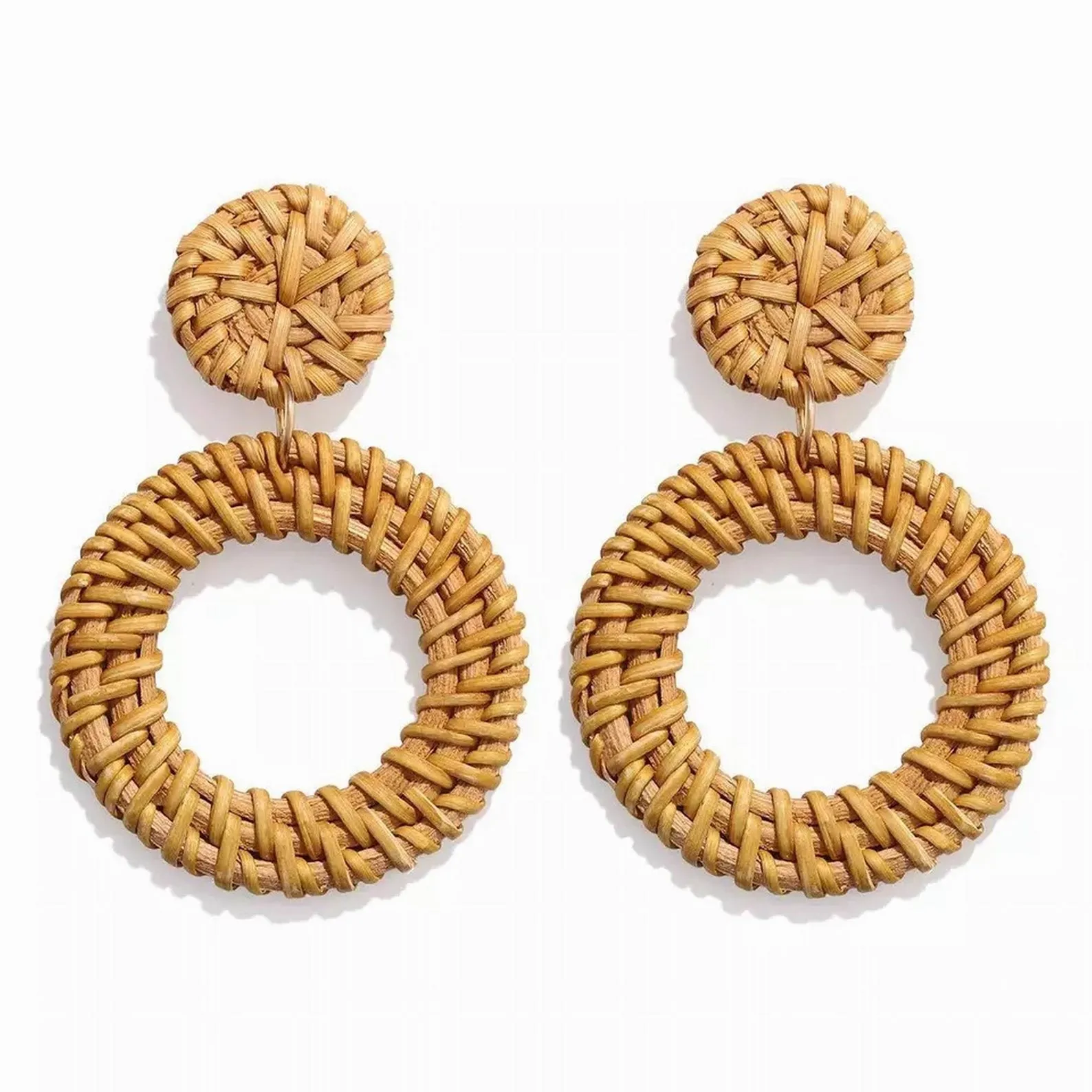 Rattan Earrings, Tan Woven Hoop Earrings