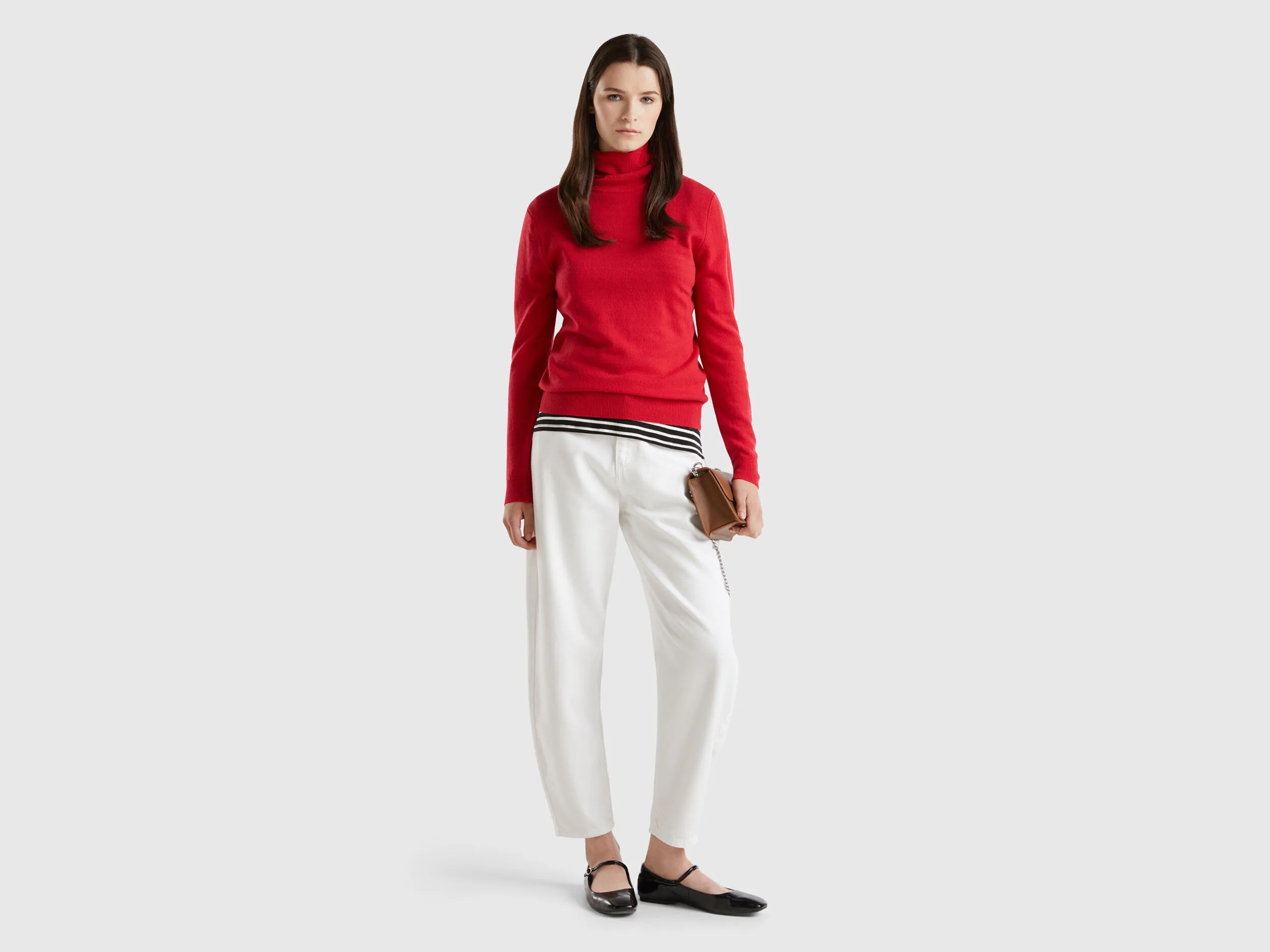 Red plum turtleneck sweater in pure Merino wool - Plum | Benetton