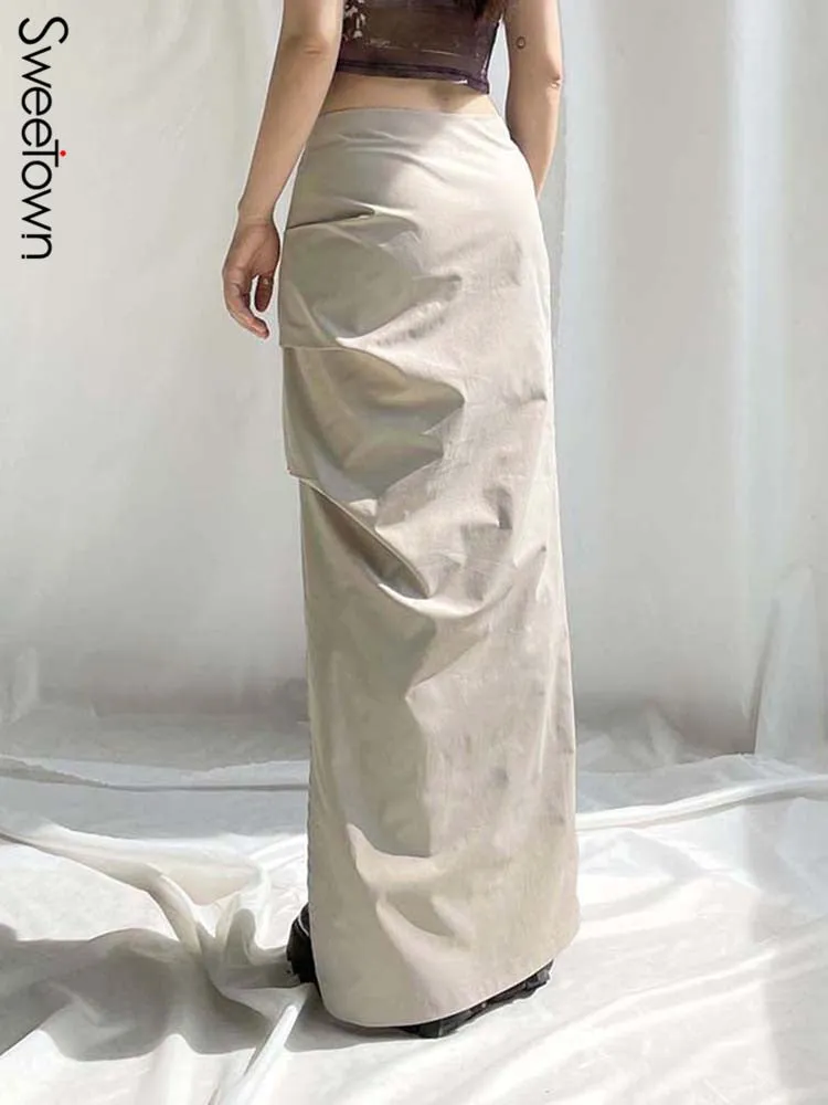 Ruched Low Waist Y2K Long Skirt For Women Split Solid Fairycore Grunge Ankle-Length Cargo Skirts Preppy Holiday Outfits