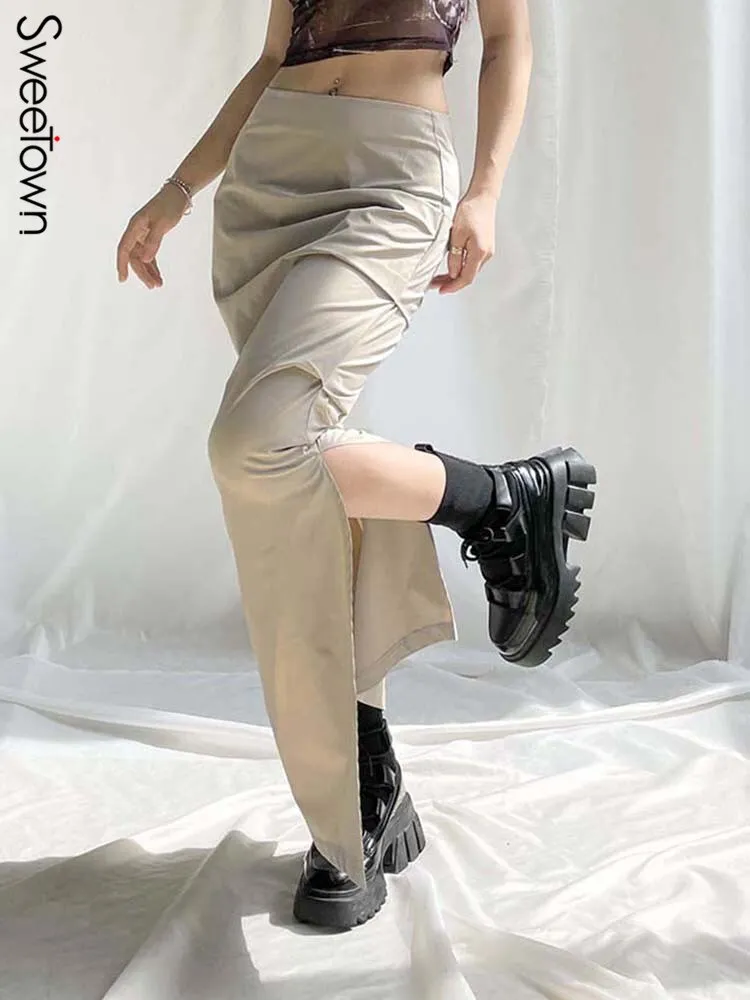 Ruched Low Waist Y2K Long Skirt For Women Split Solid Fairycore Grunge Ankle-Length Cargo Skirts Preppy Holiday Outfits