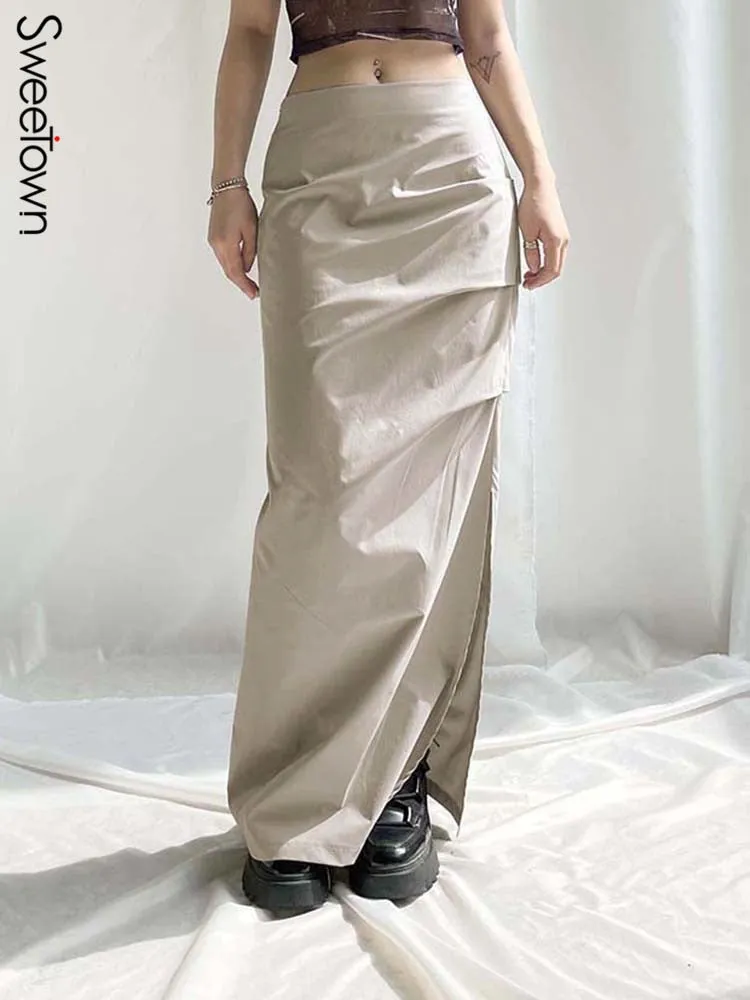 Ruched Low Waist Y2K Long Skirt For Women Split Solid Fairycore Grunge Ankle-Length Cargo Skirts Preppy Holiday Outfits