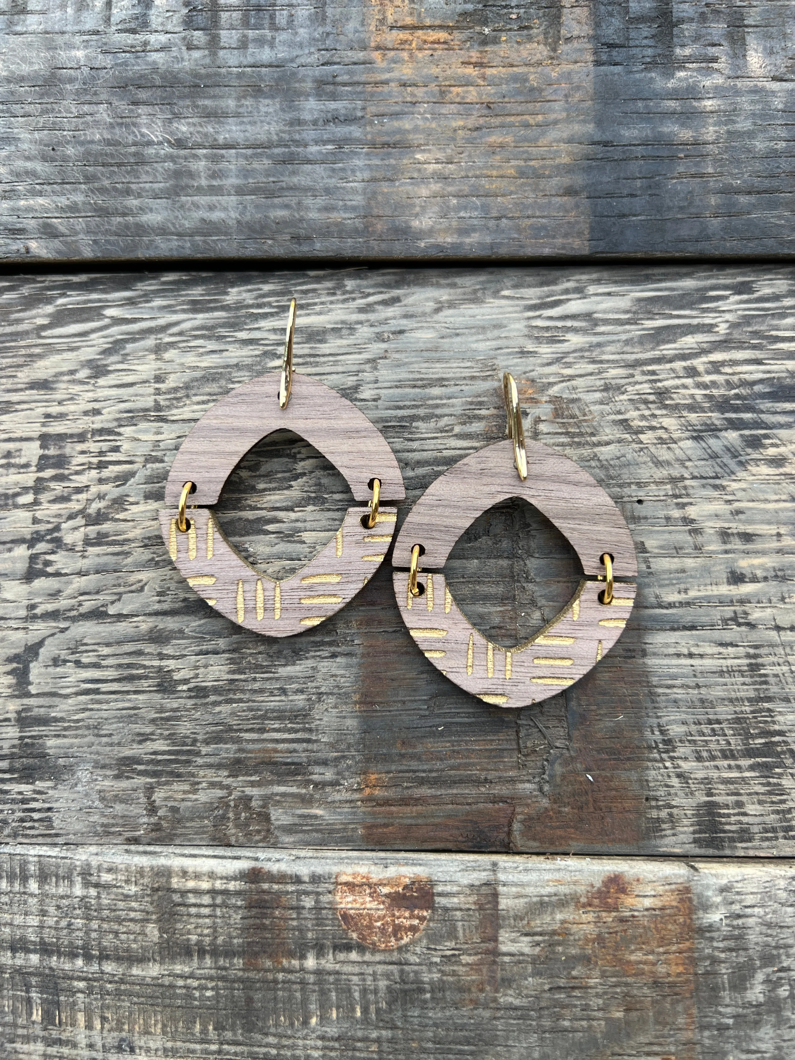 Split Drops - Walnut Mud Cloth - Wooden Earrings