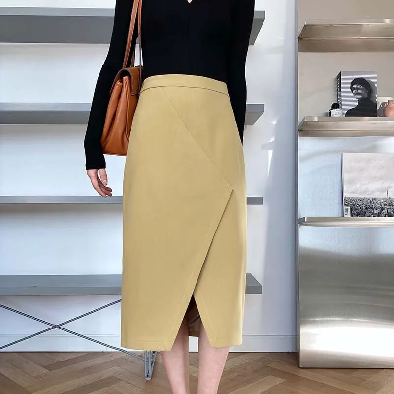 Spring Women Elastic High Waist Casual Irregular Split Hem Bodycon Straight Skirts