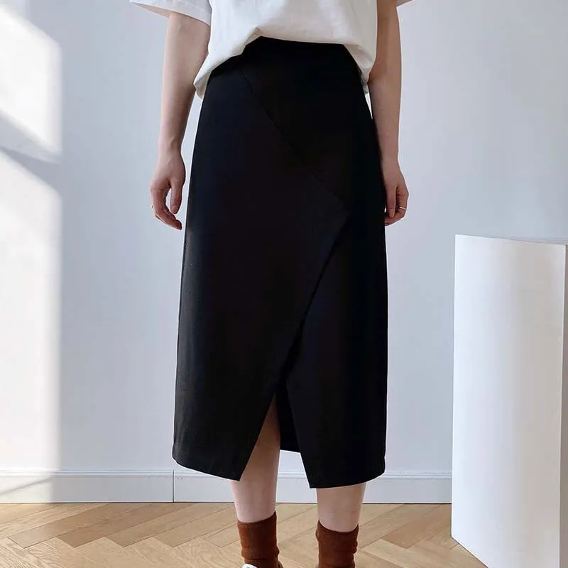 Spring Women Elastic High Waist Casual Irregular Split Hem Bodycon Straight Skirts