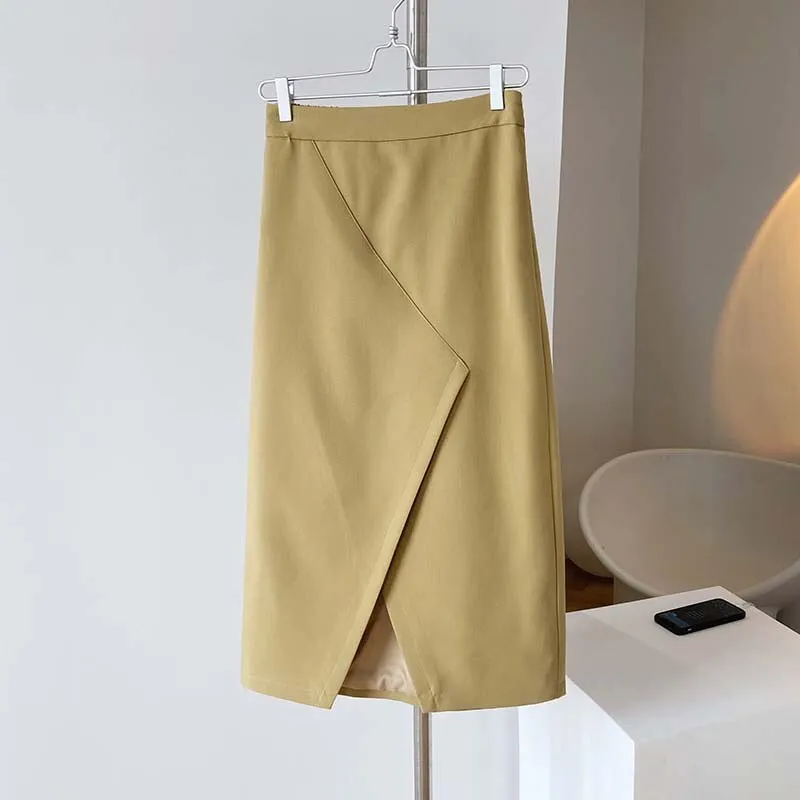 Spring Women Elastic High Waist Casual Irregular Split Hem Bodycon Straight Skirts