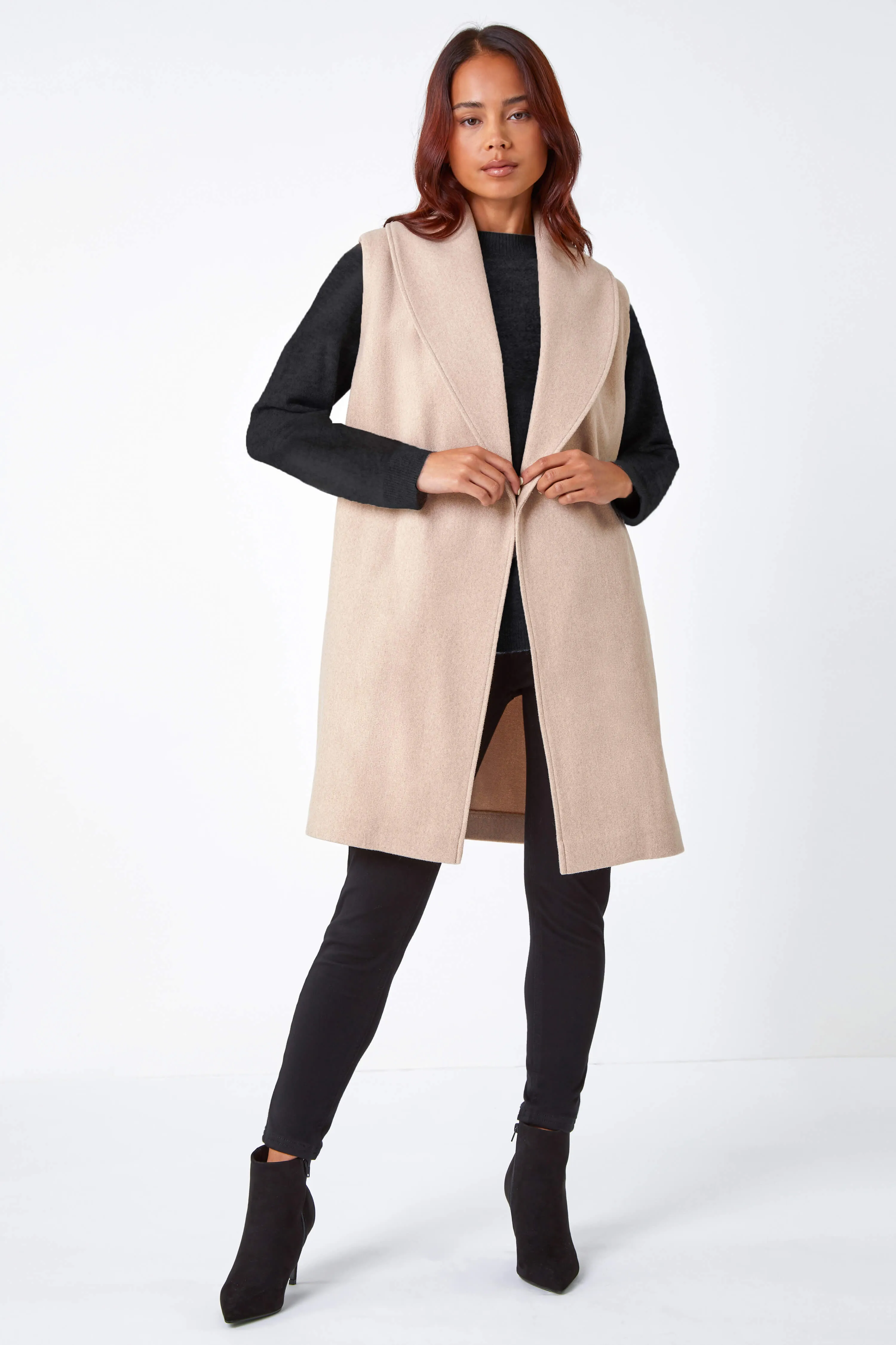 Stone Petite Sleeveless Wrap Coat | Roman UK